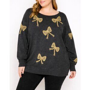 I.B. Diffusion Women's Black with Gold Bow Long Sleeve Sweater Size 2X